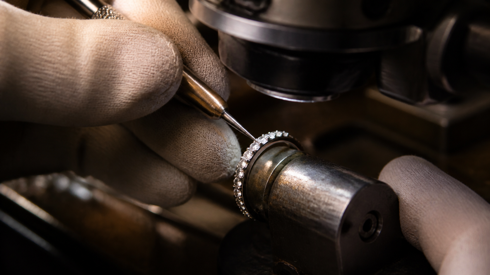 Master jeweler hand-setting diamonds into a ring