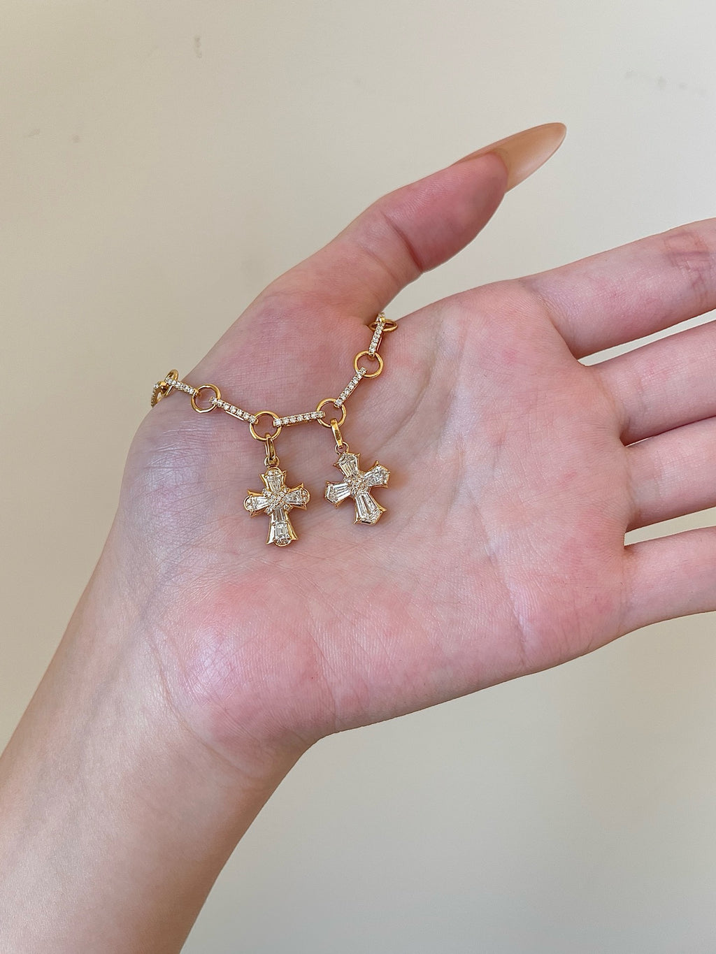 Diamond Cross Charm Bracelet | Lab Grown Diamond Paved Link Chain | 18K Yellow Gold Elegant Bracelet