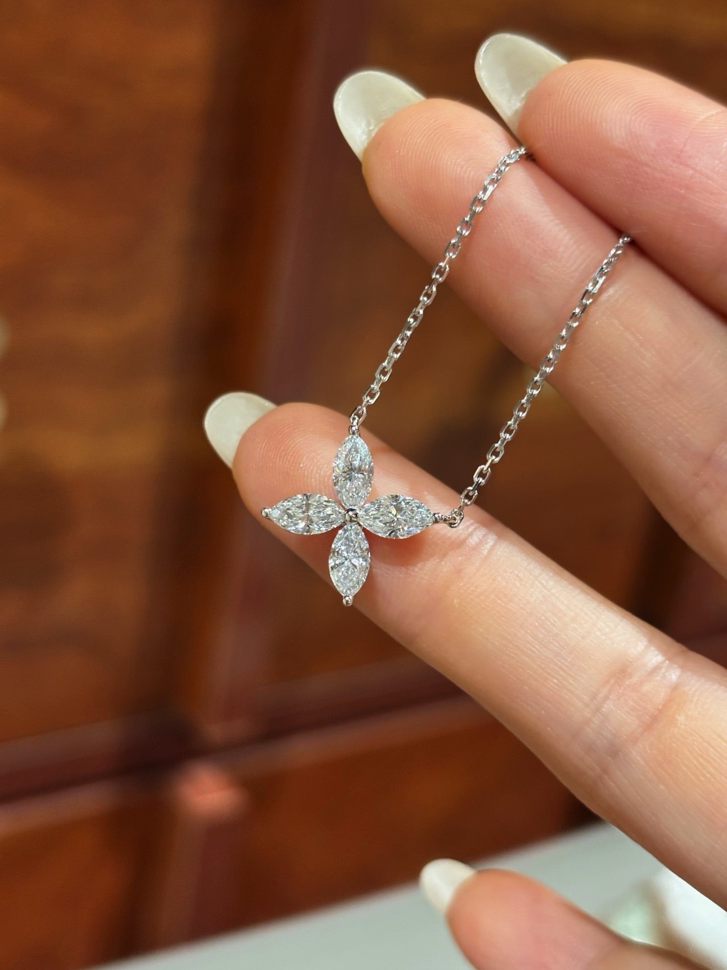 Marquise Cut Lab Grown Diamond Flower Necklace | Four Petal Floral Diamond Pendant