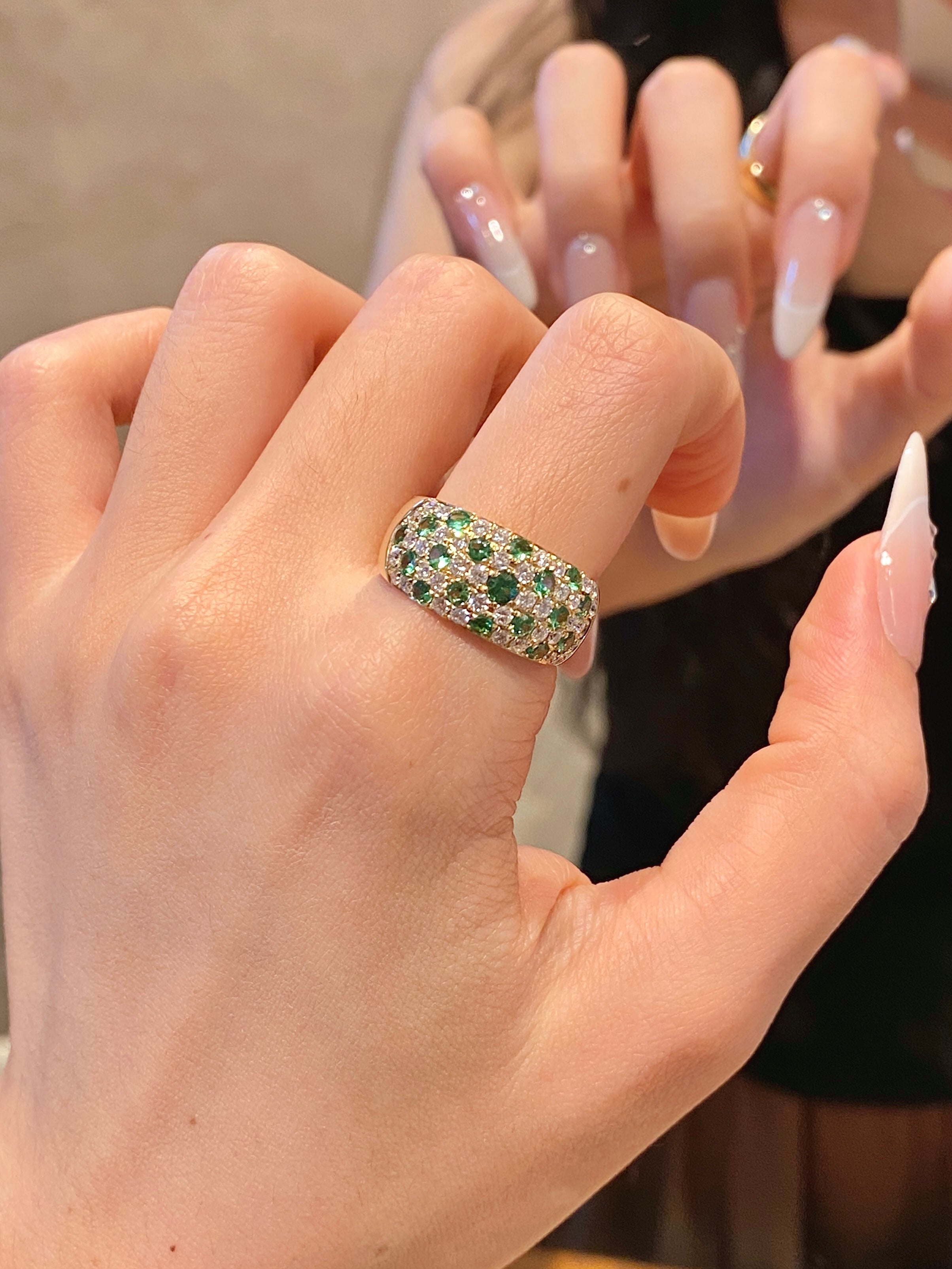 Green Gemstone & Diamond Pavé Band Ring 18K Yellow Gold