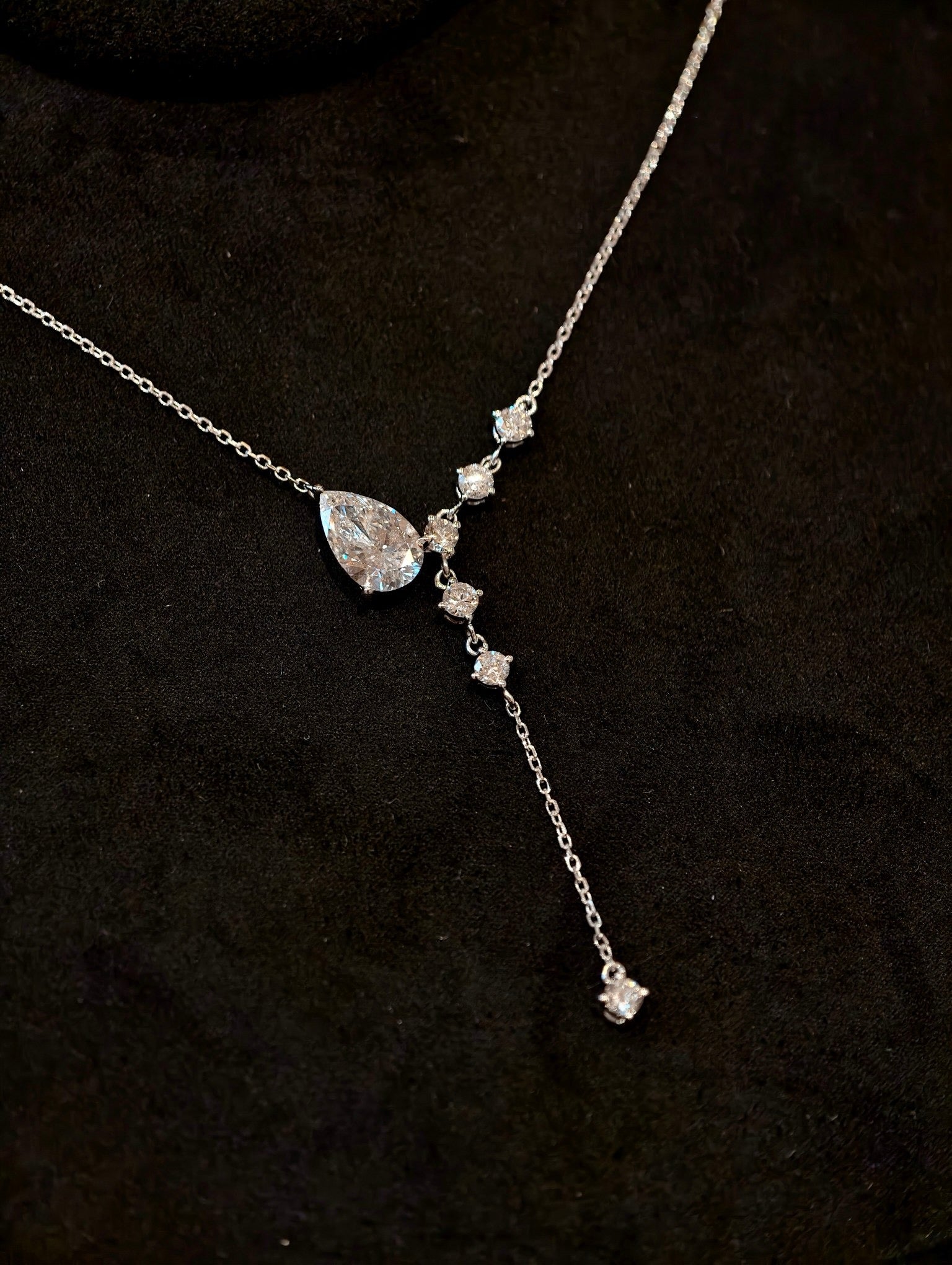 Pear Shape Lab Grown Diamond Necklace | Graduated Teardrop Pendant with Round Brilliant Cut Accents | Platinum Diamond Jewelry