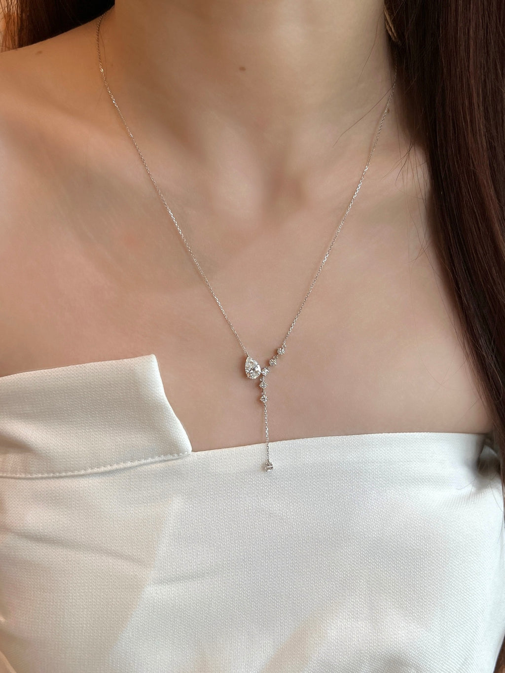 Pear Shape Lab Grown Diamond Necklace | Graduated Teardrop Pendant with Round Brilliant Cut Accents | Platinum Diamond Jewelry