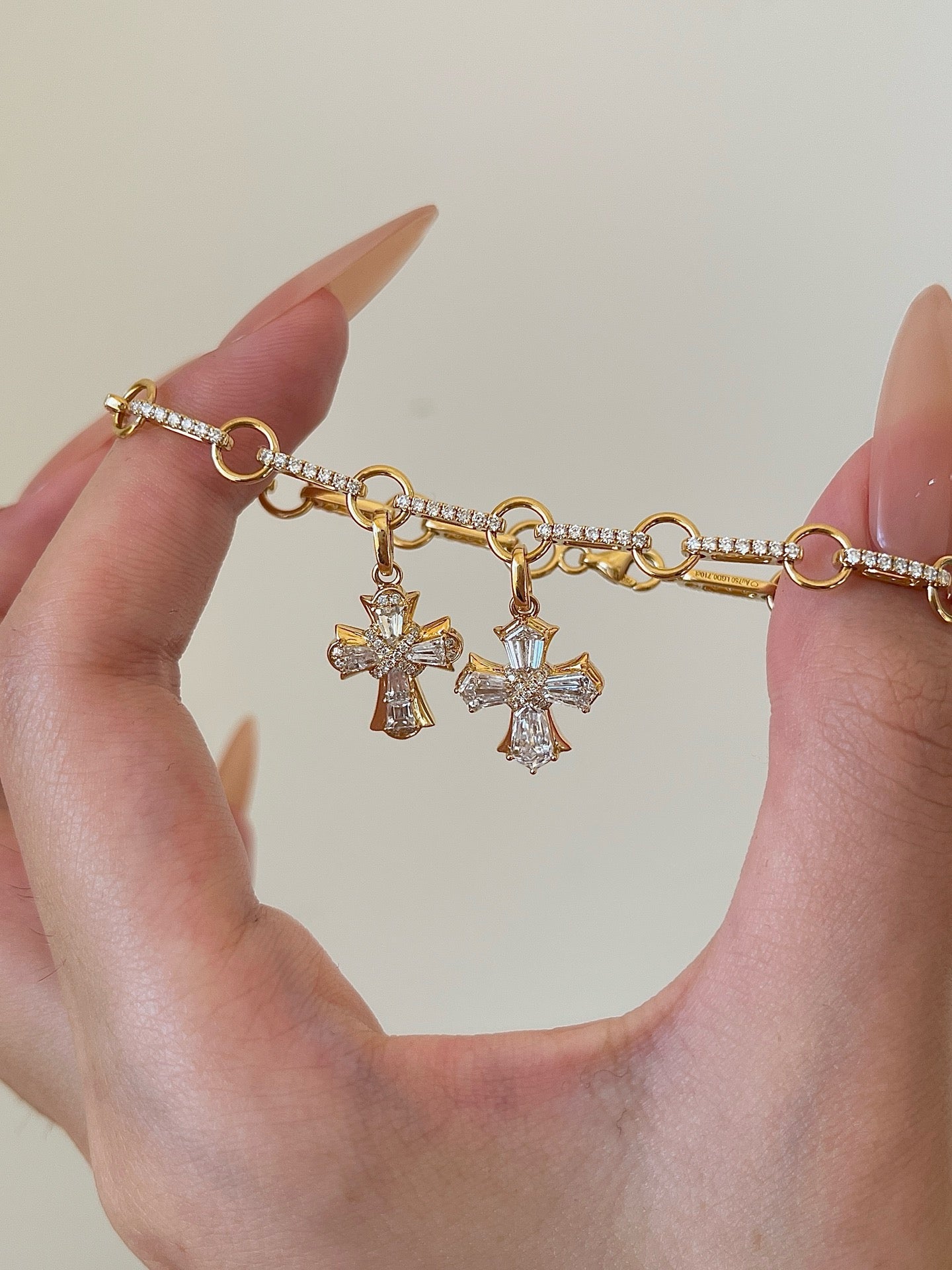 Diamond Cross Charm Bracelet | Lab Grown Diamond Paved Link Chain | 18K Yellow Gold Elegant Bracelet