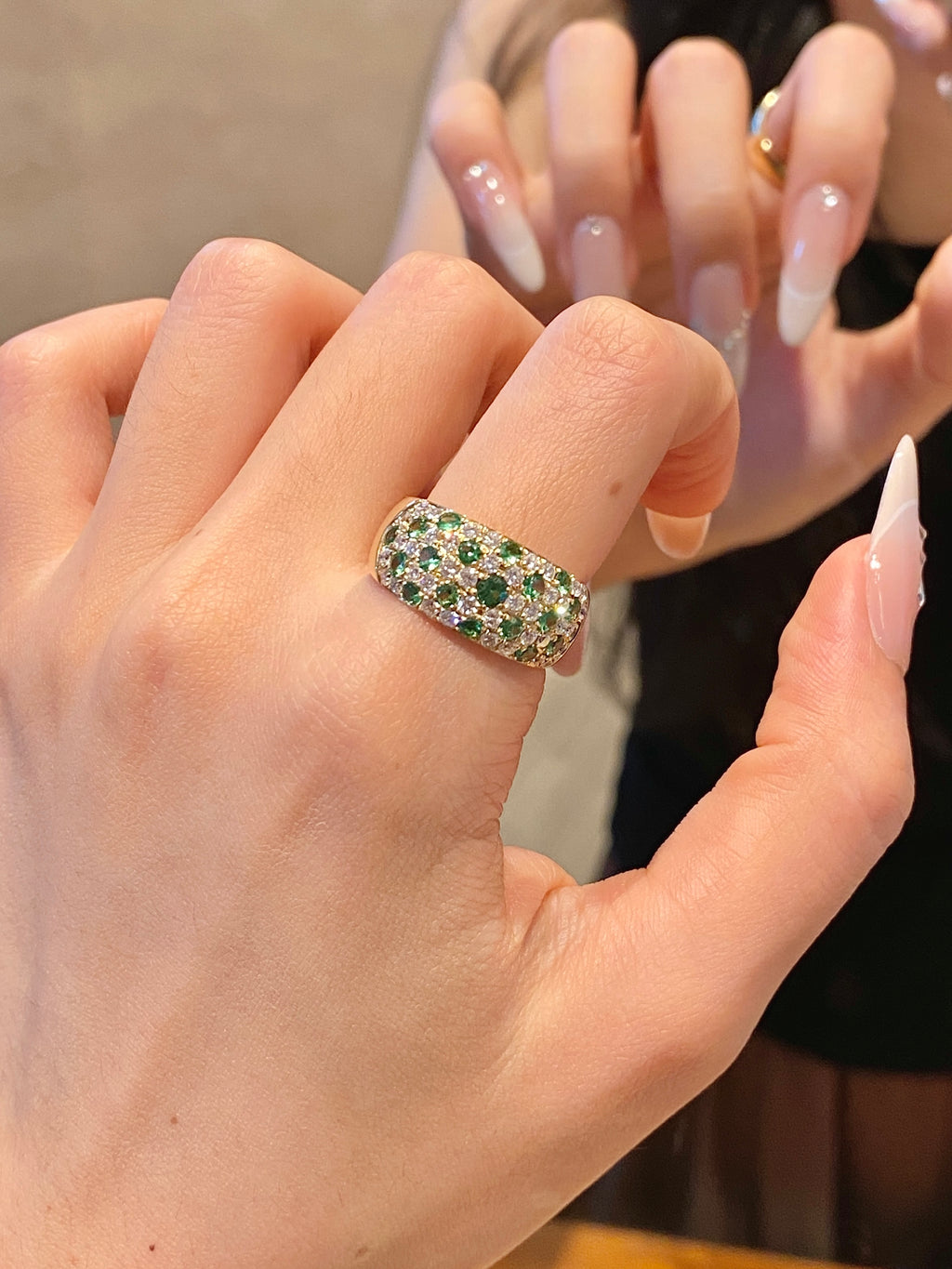 Green Gemstone & Diamond Pavé Band Ring 18K Yellow Gold