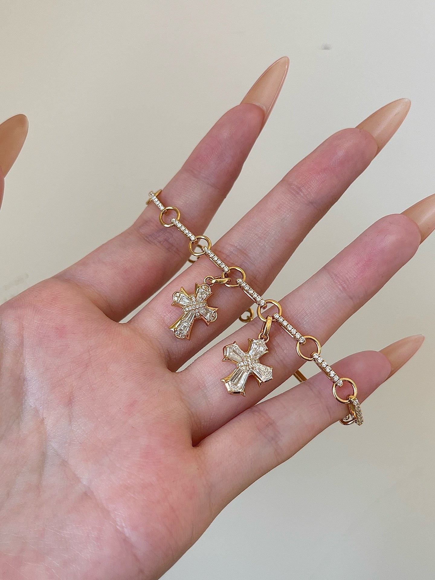 Diamond Cross Charm Bracelet | Lab Grown Diamond Paved Link Chain | 18K Yellow Gold Elegant Bracelet