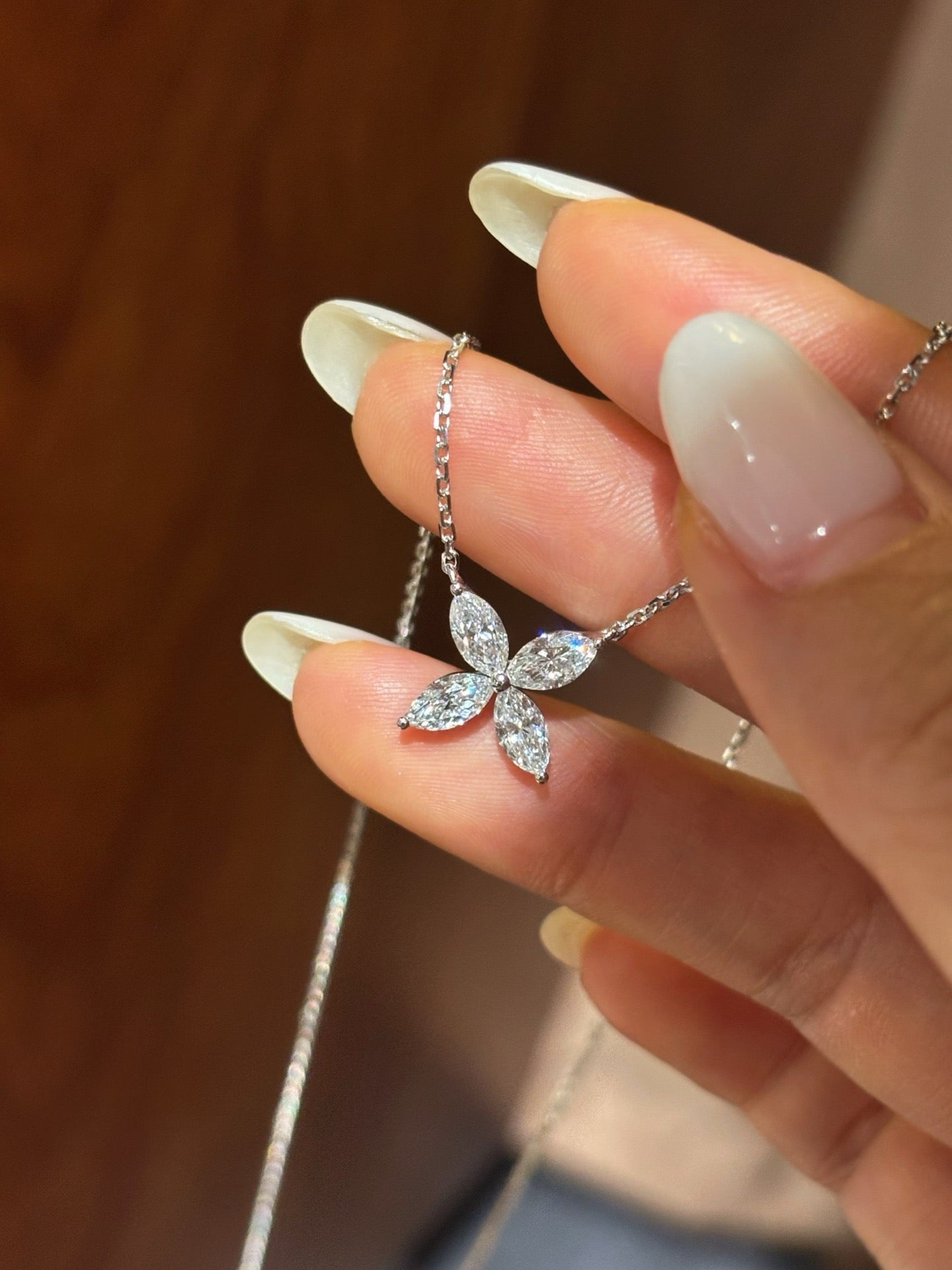 Marquise Cut Lab Grown Diamond Flower Necklace | Four Petal Floral Diamond Pendant