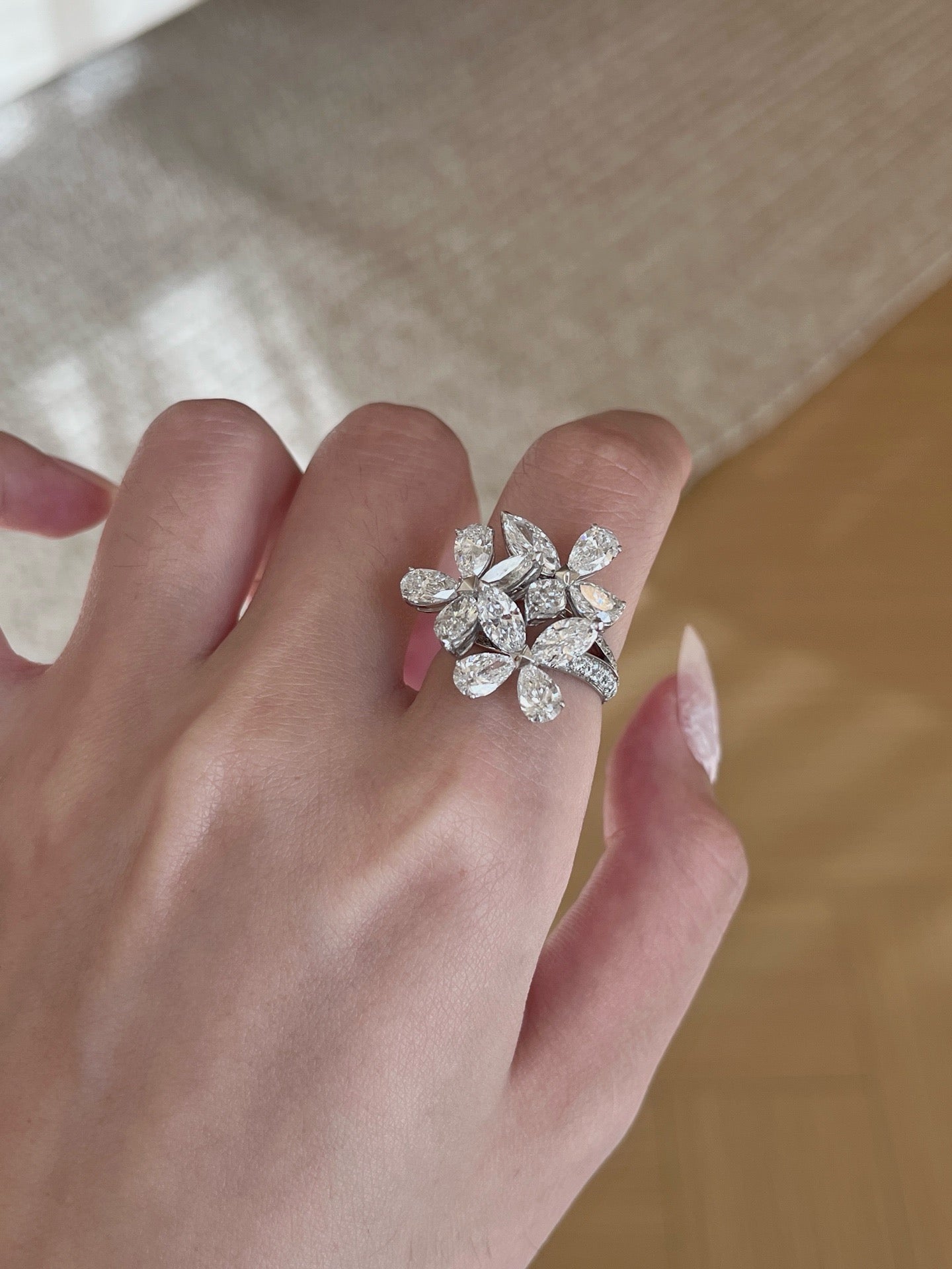 1.8ct Pear Shape Lab Grown Diamond Ring | Floral Cluster Pavé Band with Pear Diamond Petals | Platinum