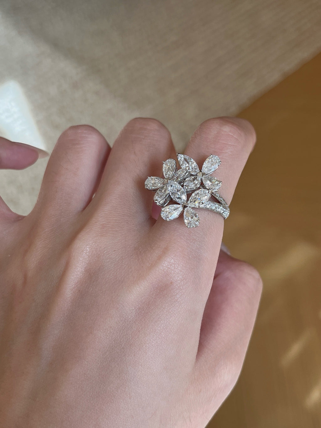 1.8ct Pear Shape Lab Grown Diamond Ring | Floral Cluster Pavé Band with Pear Diamond Petals | Platinum