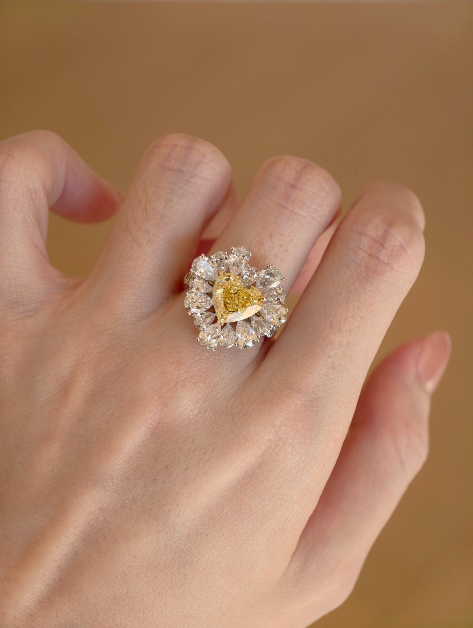 1.0ct Heart Shape Yellow Diamond Ring | Floral Halo with Pear Shape Diamond Accents | Platinum