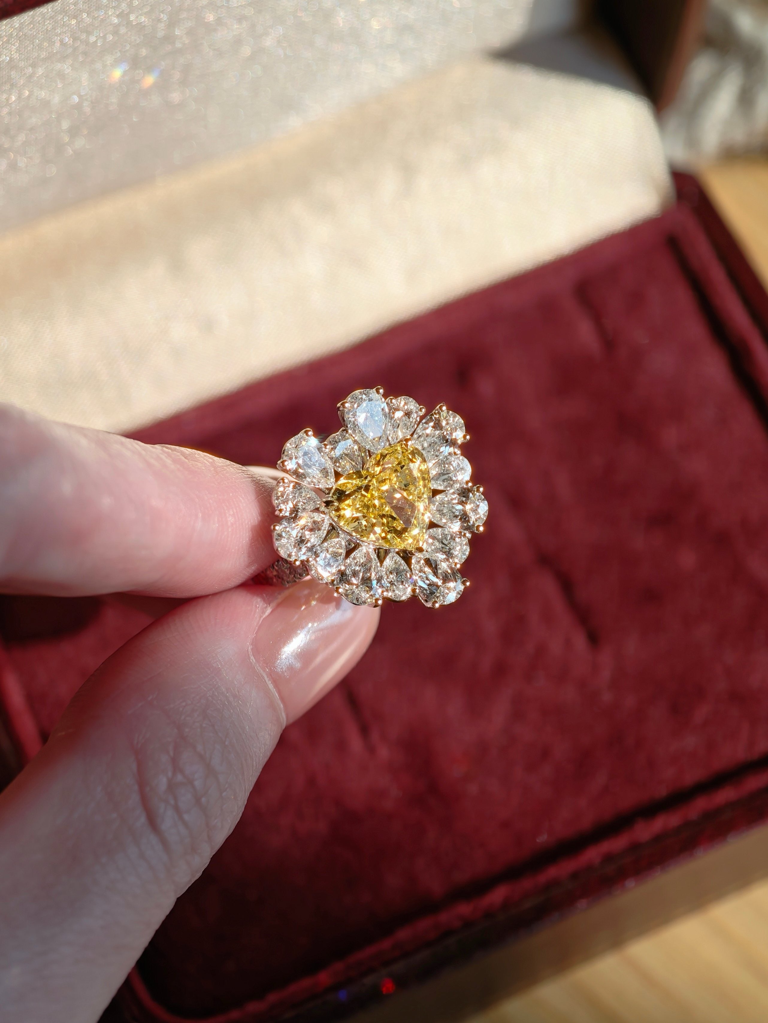 1.0ct Heart Shape Yellow Diamond Ring | Floral Halo with Pear Shape Diamond Accents | Platinum