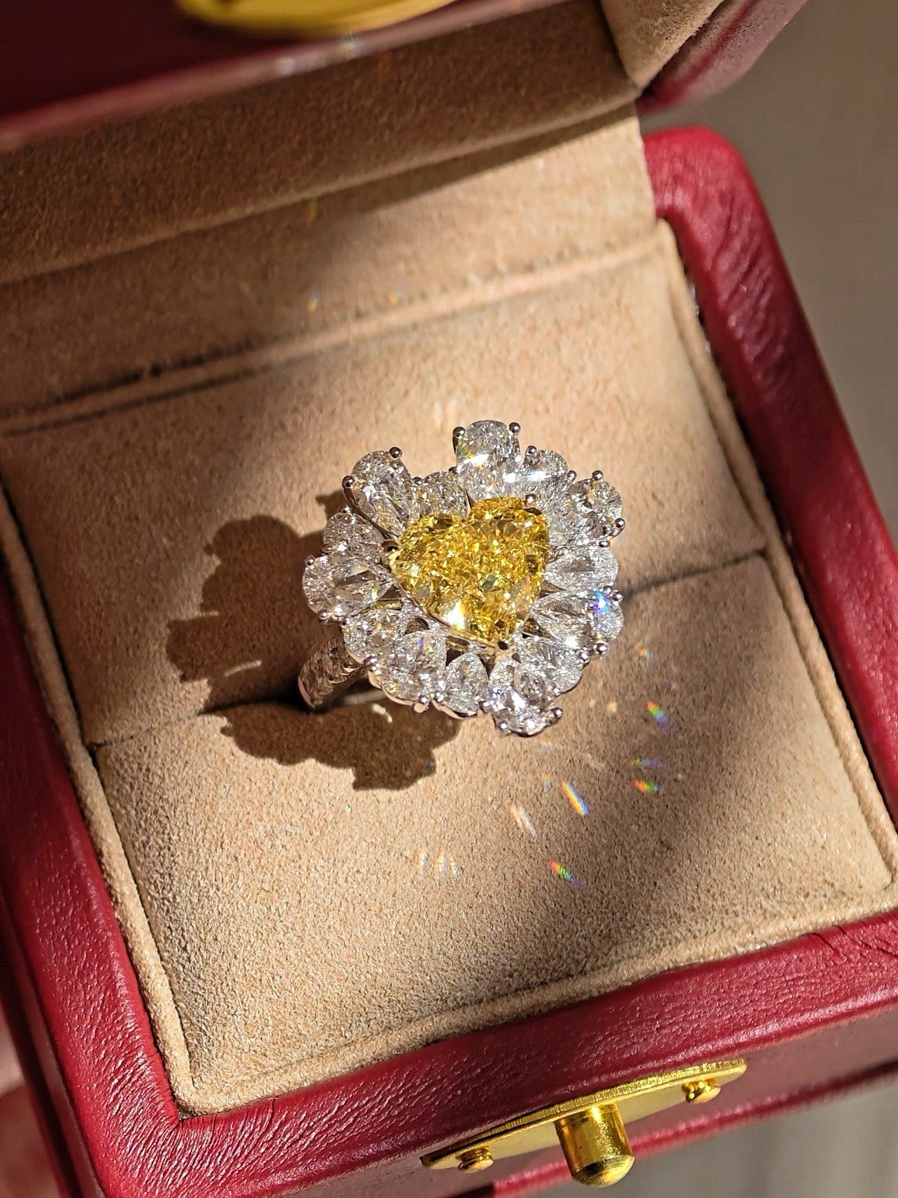 1.0ct Heart Shape Yellow Diamond Ring | Floral Halo with Pear Shape Diamond Accents | Platinum