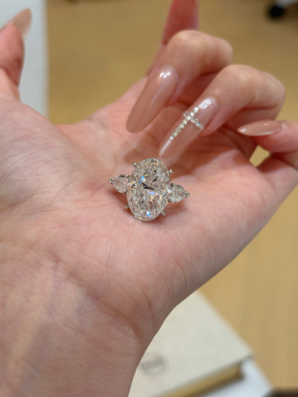 2.0ct Oval Brilliant Cut Lab Grown Diamond Ring | Three Stone Design with Pear Side Accents | Pavé Diamond Band | 14K/18K Gold