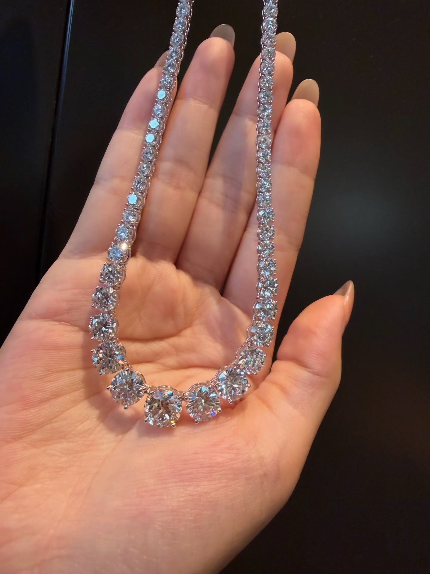 Graduated Round Brilliant Cut Lab Grown Diamond Tennis Necklace | Classic Diamond Riviera Necklace | Platinum Finish
