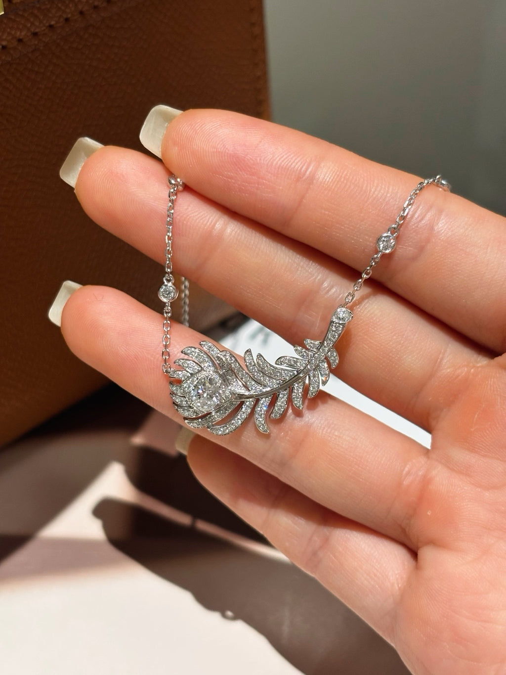 Round Brilliant Cut Lab Grown Diamond Feather Necklace | Elegant Diamond Wing Pendant
