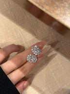 Oval Cut Lab Grown Diamond Halo Stud Earrings | Round Brilliant Diamond Pavé Setting | 18K White Gold Elegant Jewelry