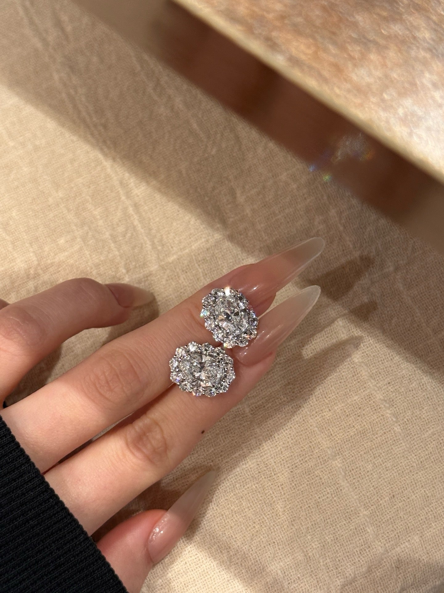 Oval Cut Lab Grown Diamond Halo Stud Earrings | Round Brilliant Diamond Pavé Setting | 18K White Gold Elegant Jewelry