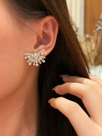 Emerald & Round Cut Lab Grown Diamond Starburst Stud Earrings | 18K White Gold