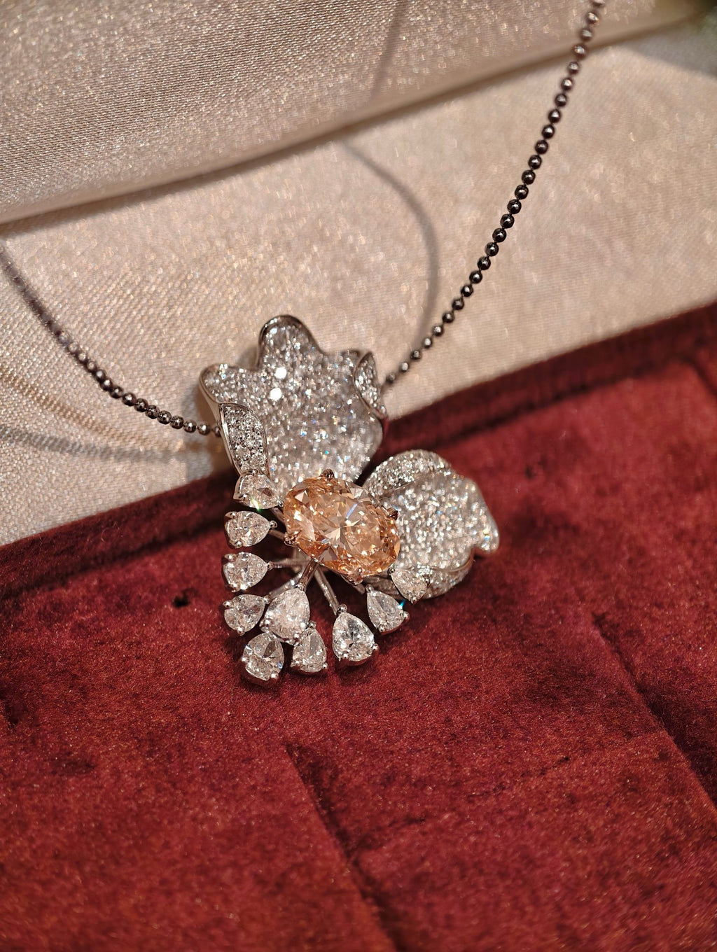 Oval Cut Fancy Color Lab Grown Diamond Floral Necklace | Diamond Cluster Pendant with Pear Shape Accents