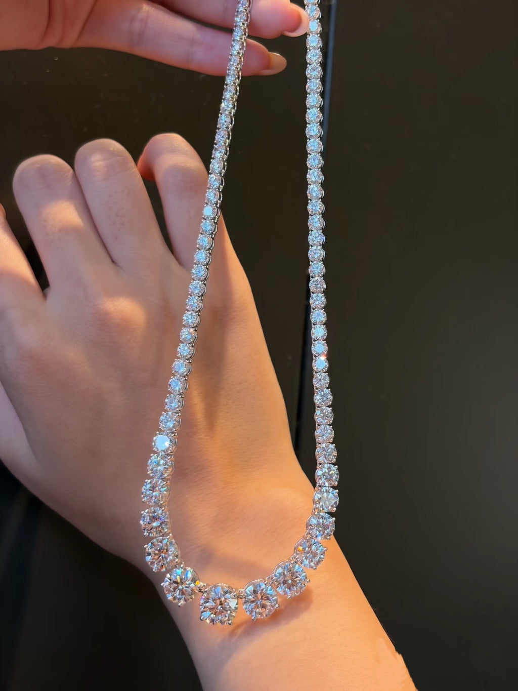 Graduated Round Brilliant Cut Lab Grown Diamond Tennis Necklace | Classic Diamond Riviera Necklace | Platinum Finish