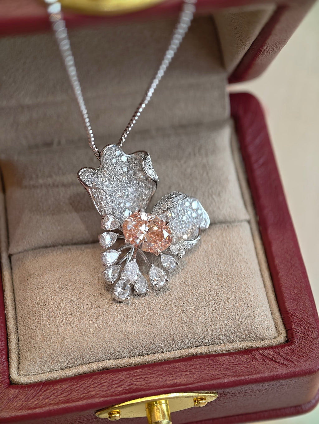 Oval Cut Fancy Color Lab Grown Diamond Floral Necklace | Diamond Cluster Pendant with Pear Shape Accents