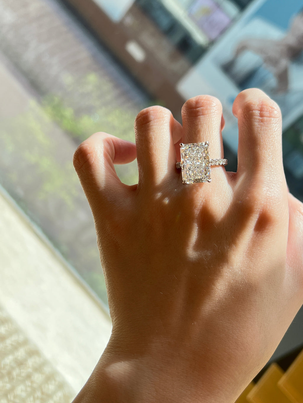 2.5ct Radiant Cut Lab Grown Diamond Ring | Hidden Halo Pavé Band Engagement Ring | Platinum