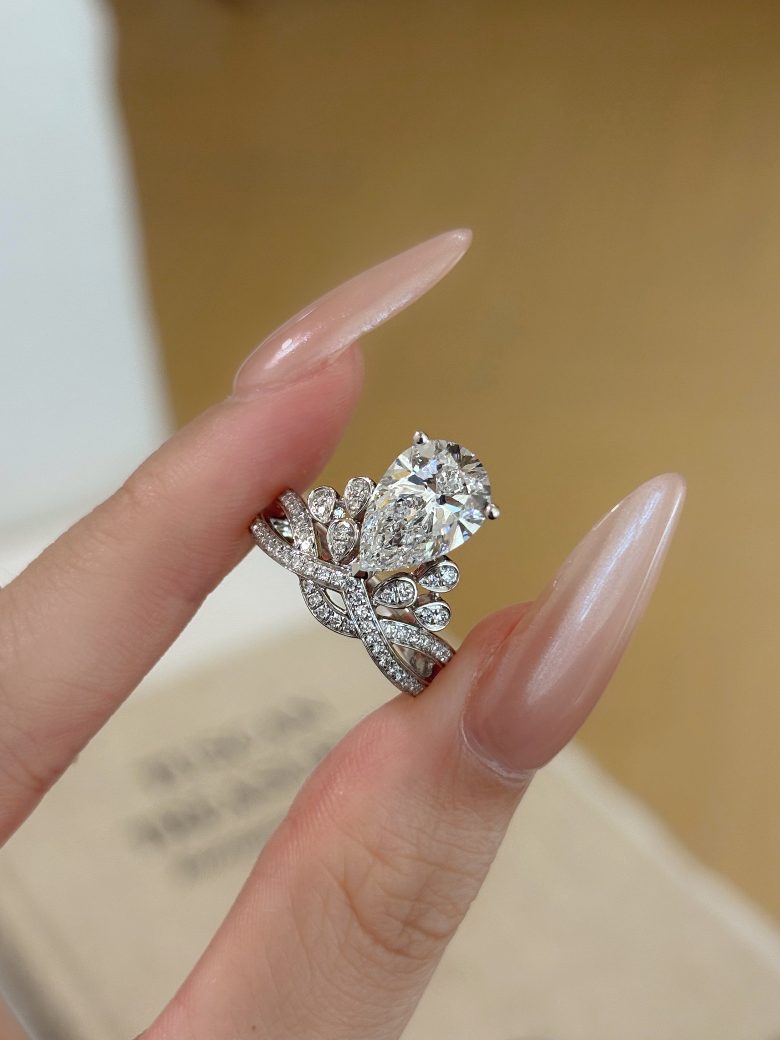 1.0ct Pear Shape Lab Grown Diamond Ring | Floral Vine Pavé Band with Pear Center Stone & Diamond Accents | Platinum