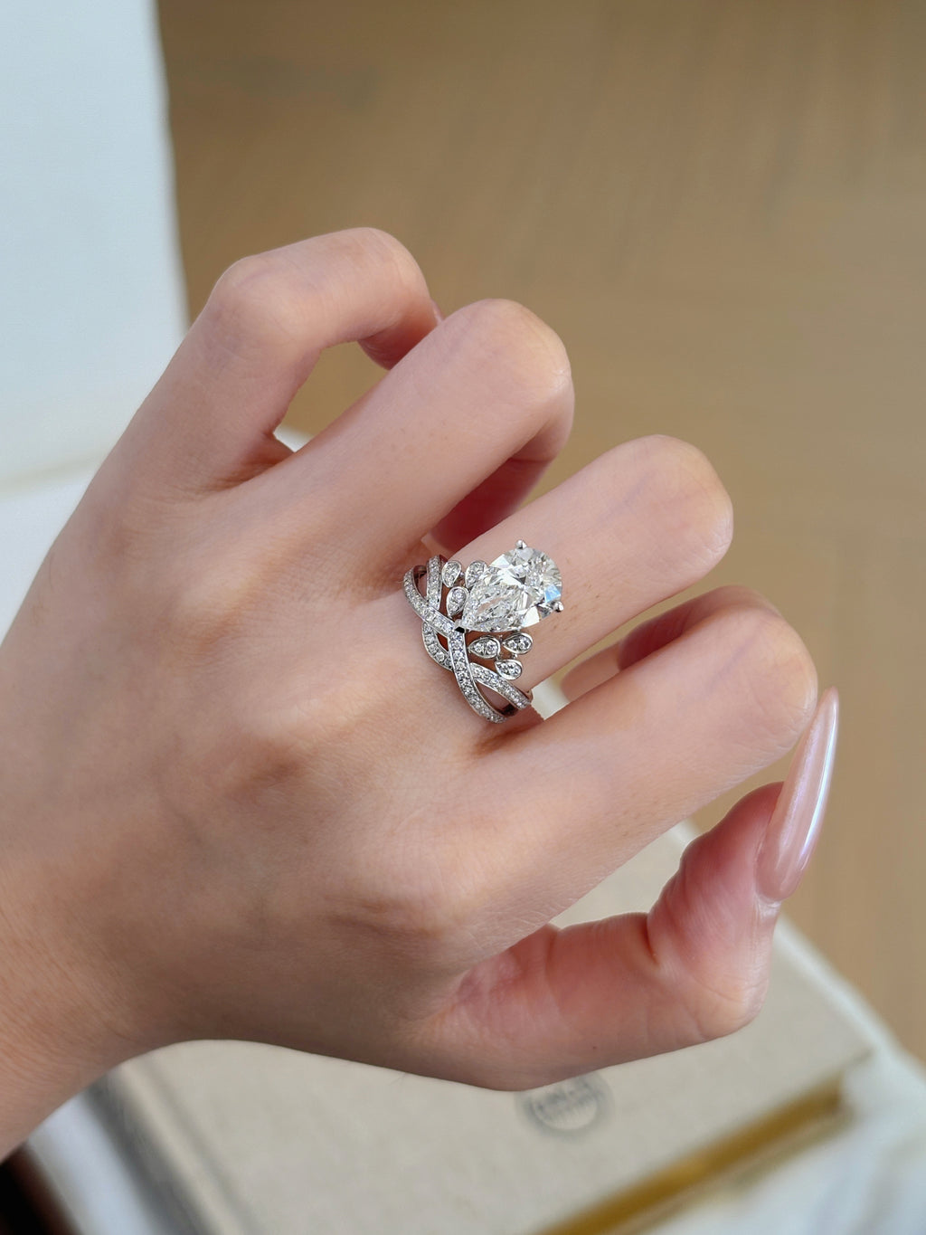 1.0ct Pear Shape Lab Grown Diamond Ring | Floral Vine Pavé Band with Pear Center Stone & Diamond Accents | Platinum