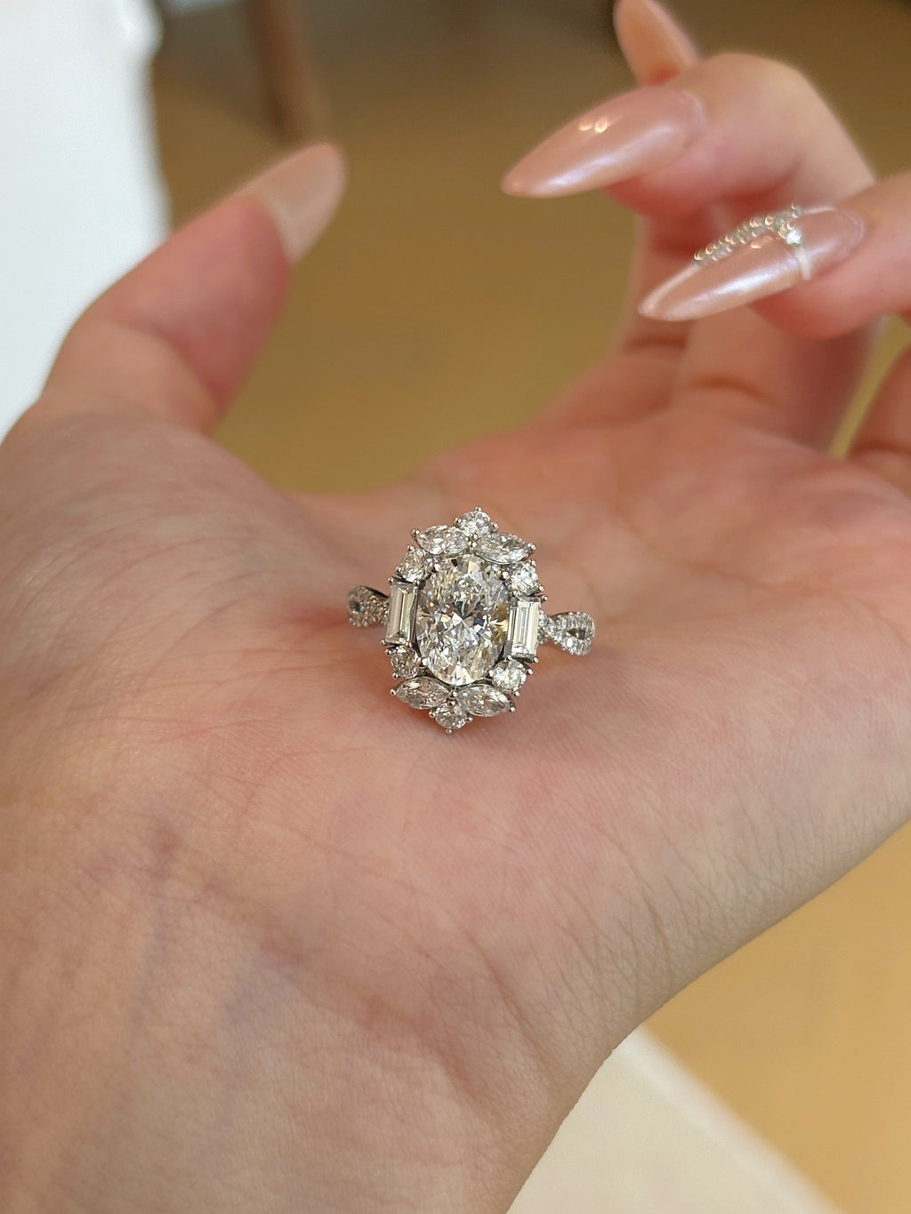 1.5ct Oval Cut Lab Grown Diamond Ring | Vintage Halo Setting with Baguette & Pavé Diamond Accents | Platinum