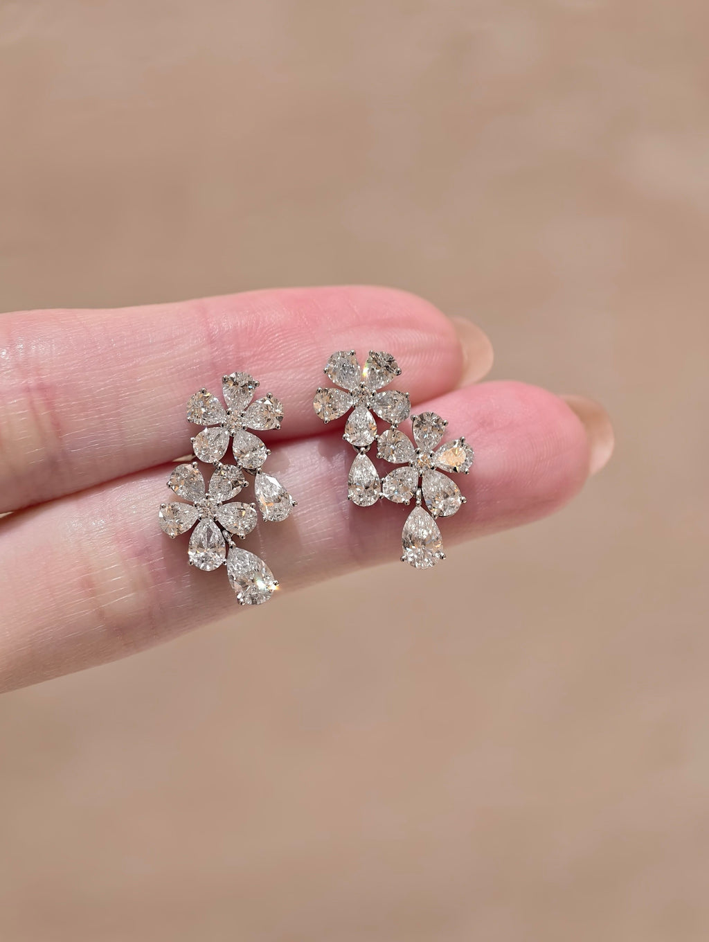 Diamond Flower Drop Earrings | Pear Cut Lab Grown Diamond Floral Stud Earrings | 18K White Gold