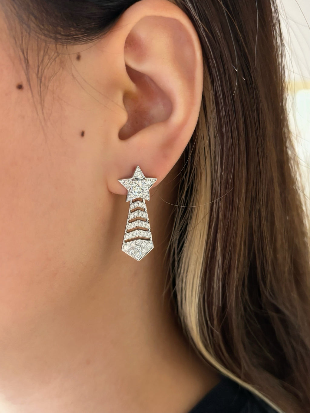 Diamond Star Drop Earrings | Round Brilliant Cut Lab Grown Diamond | Pavé Setting | 18K White Gold