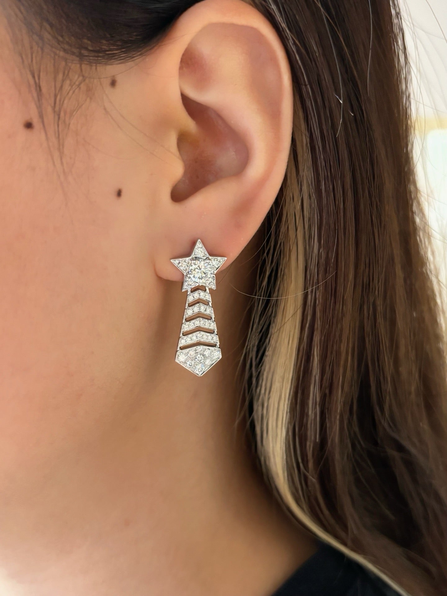Diamond Star Drop Earrings | Round Brilliant Cut Lab Grown Diamond | Pavé Setting | 18K White Gold