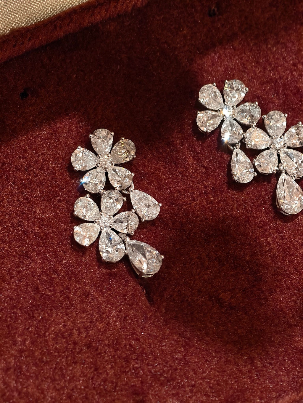 Diamond Flower Drop Earrings | Pear Cut Lab Grown Diamond Floral Stud Earrings | 18K White Gold