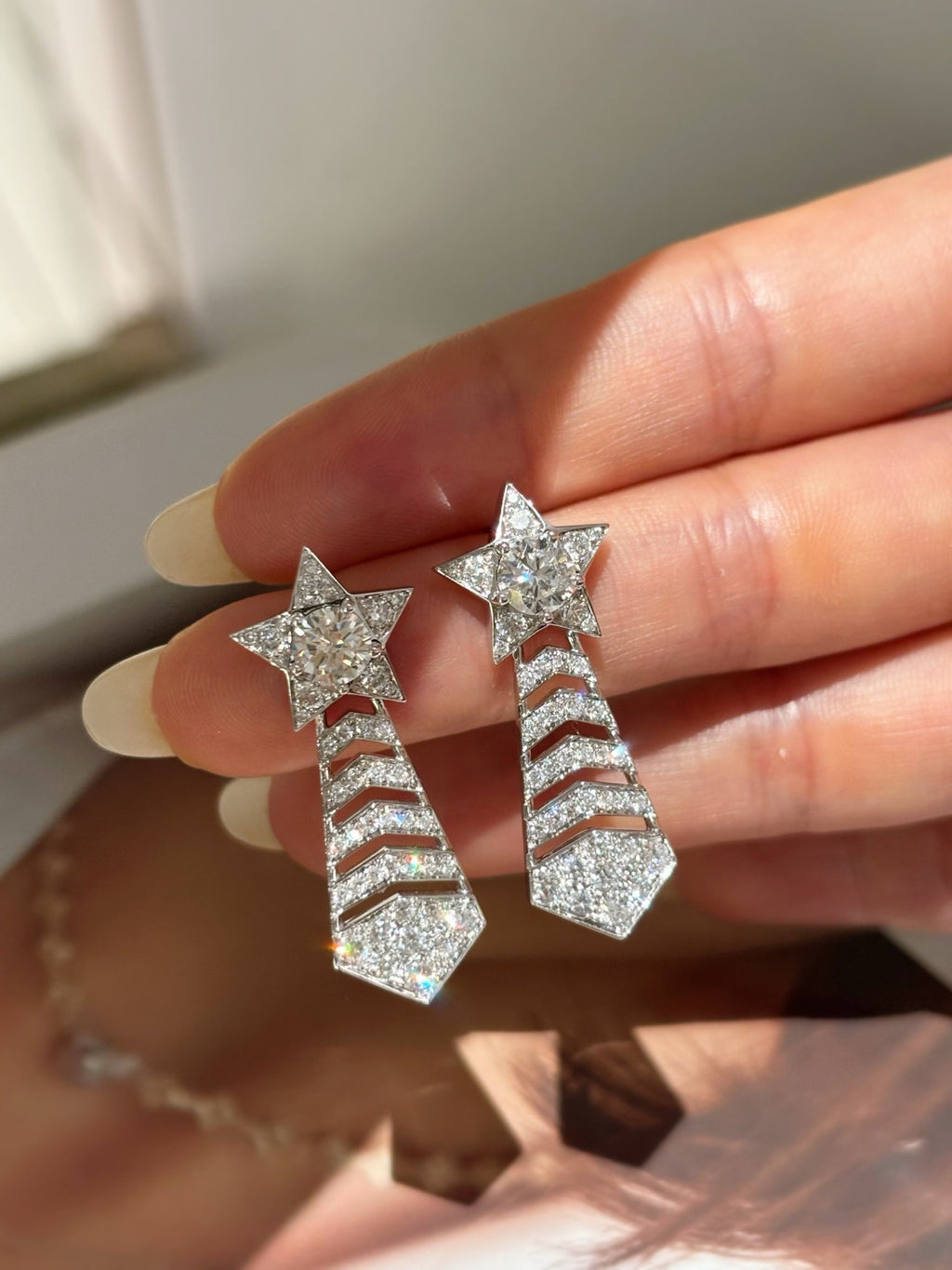 Diamond Star Drop Earrings | Round Brilliant Cut Lab Grown Diamond | Pavé Setting | 18K White Gold