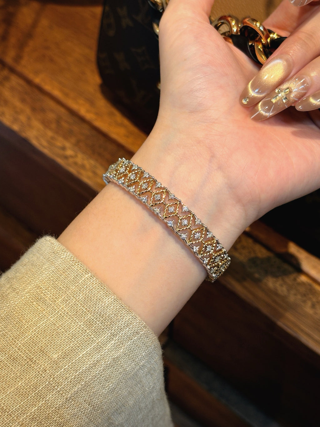 Lab Grown Diamond Lattice Bracelet |Round Brilliant Cut Diamond Paved Bangle | 18K Gold Luxury Jewelry