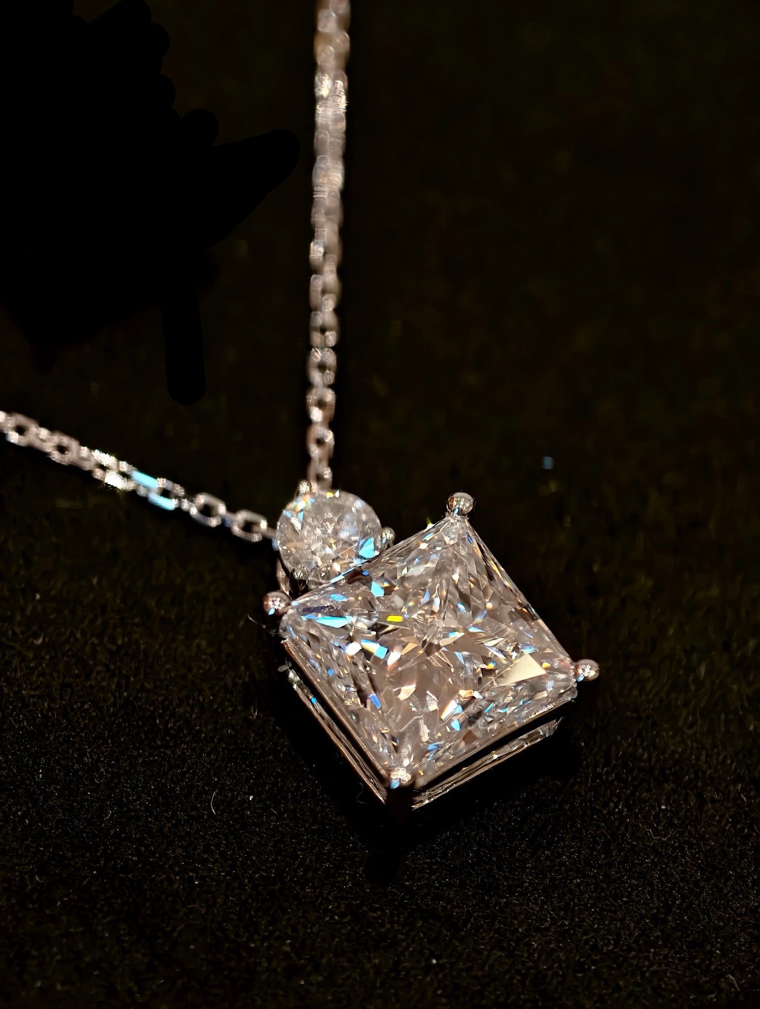 Square Cut Lab Grown Diamond Necklace | 3.3ct Princess Cut Center Stone with Round Diamond Accent | 18K White Gold Pendant Necklace