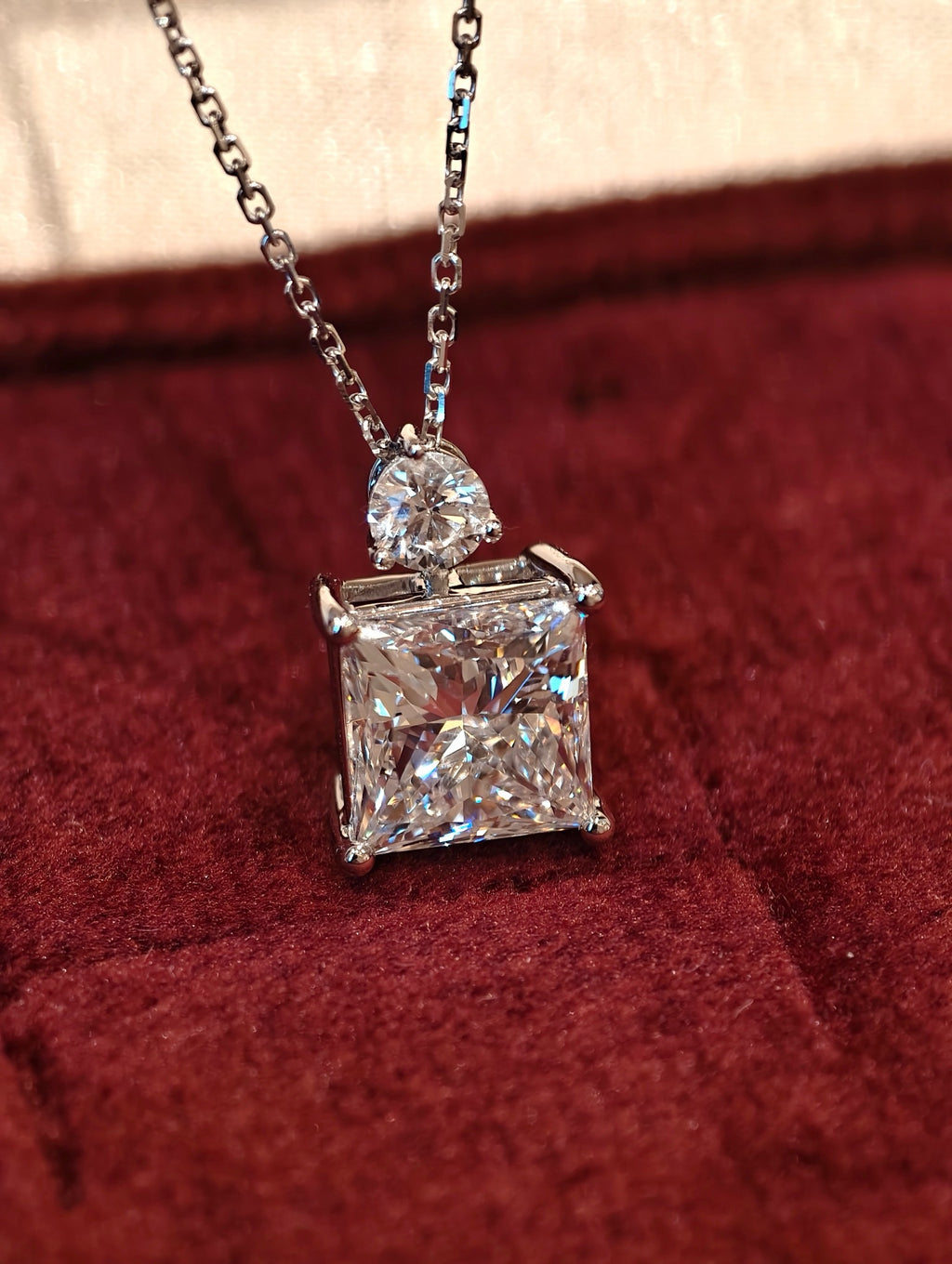 Square Cut Lab Grown Diamond Necklace | 3.3ct Princess Cut Center Stone with Round Diamond Accent | 18K White Gold Pendant Necklace