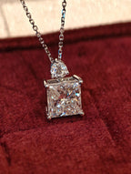 Square Cut Lab Grown Diamond Necklace | 3.3ct Princess Cut Center Stone with Round Diamond Accent | 18K White Gold Pendant Necklace