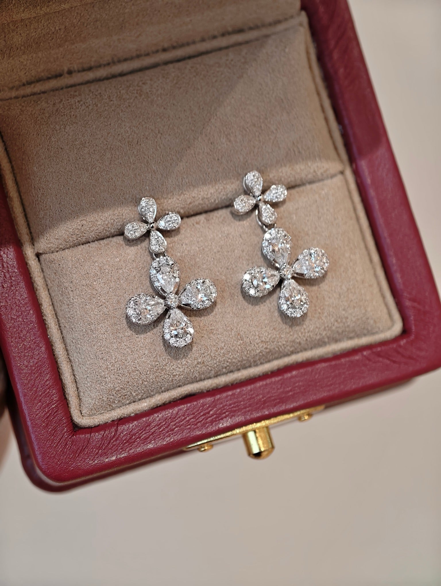 Diamond Floral Drop Earrings | Pear Cut Lab Grown Diamonds | Pavé Setting | 18K White Gold