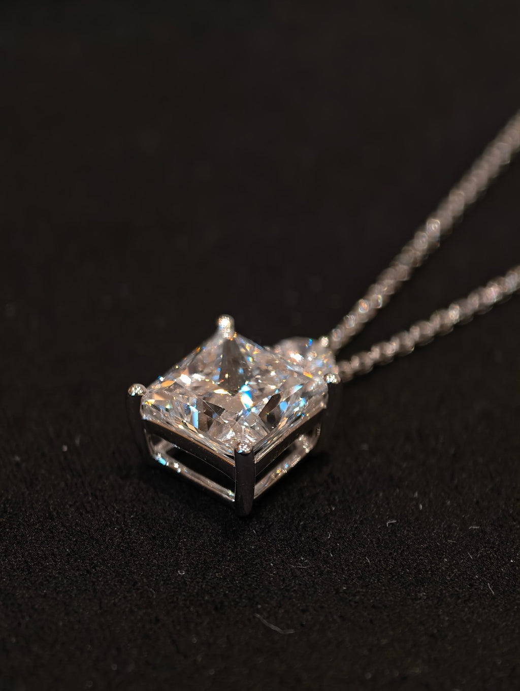 Square Cut Lab Grown Diamond Necklace | 3.3ct Princess Cut Center Stone with Round Diamond Accent | 18K White Gold Pendant Necklace