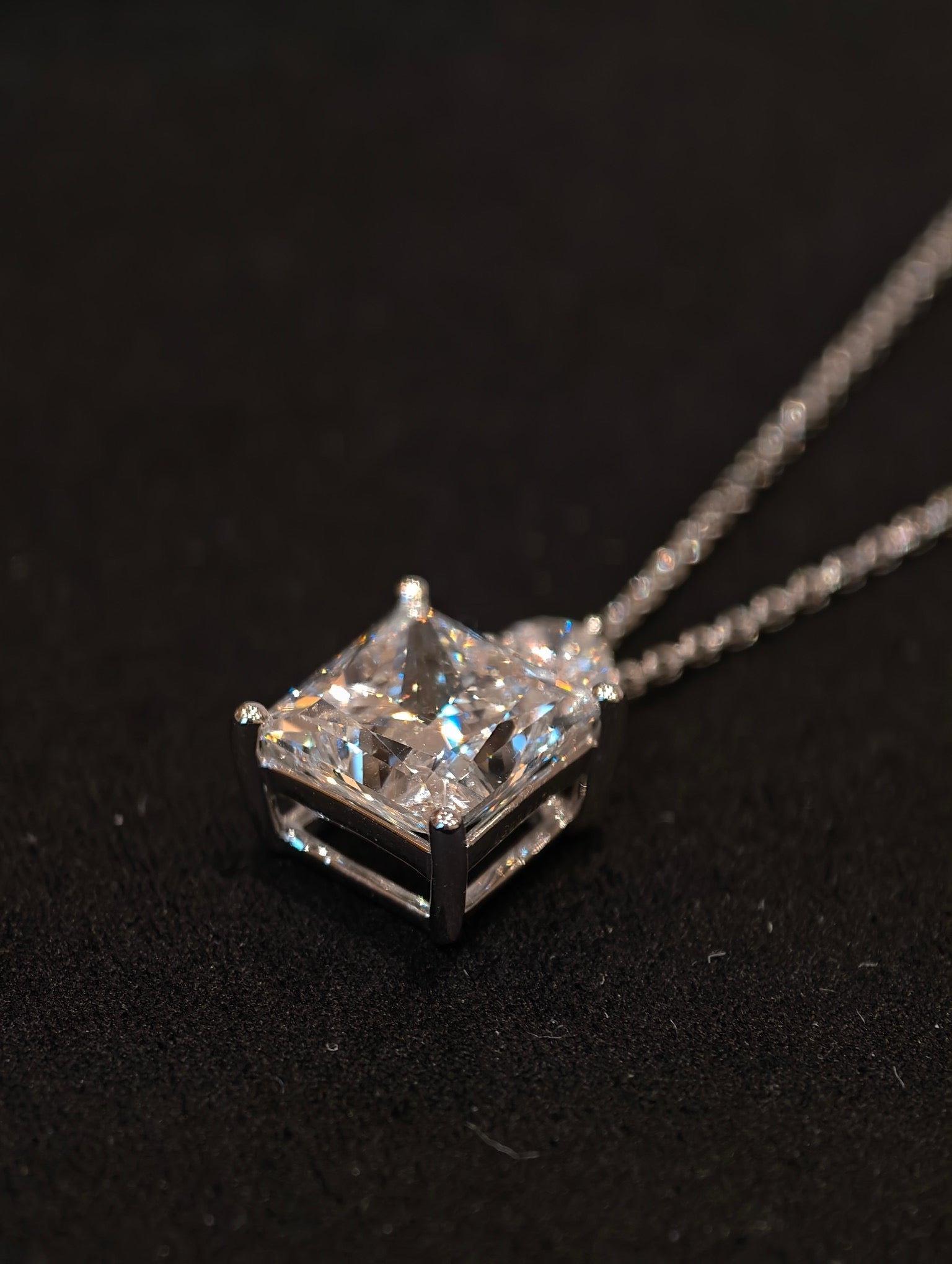Square Cut Lab Grown Diamond Necklace | 3.3ct Princess Cut Center Stone with Round Diamond Accent | 18K White Gold Pendant Necklace