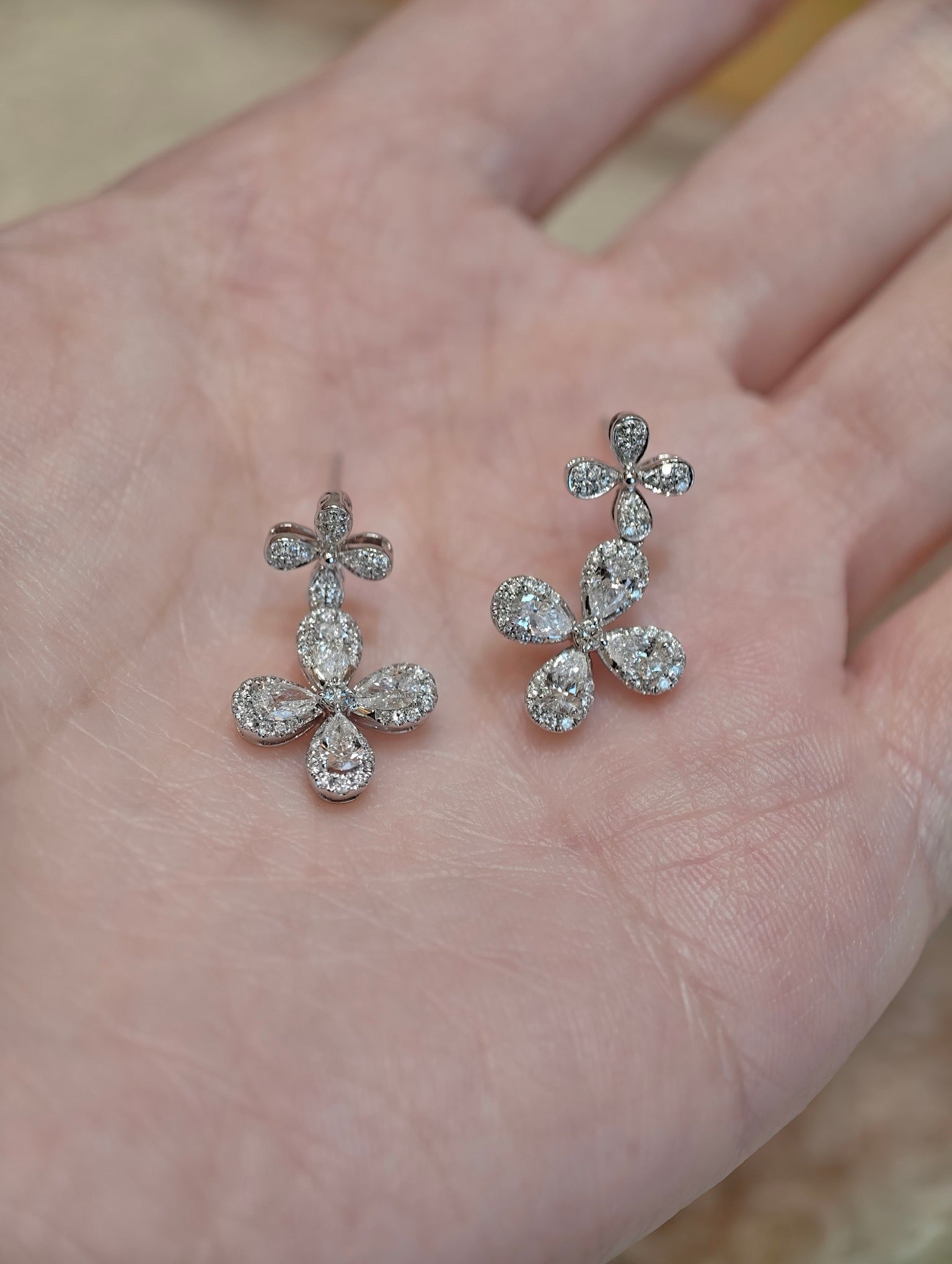 Diamond Floral Drop Earrings | Pear Cut Lab Grown Diamonds | Pavé Setting | 18K White Gold