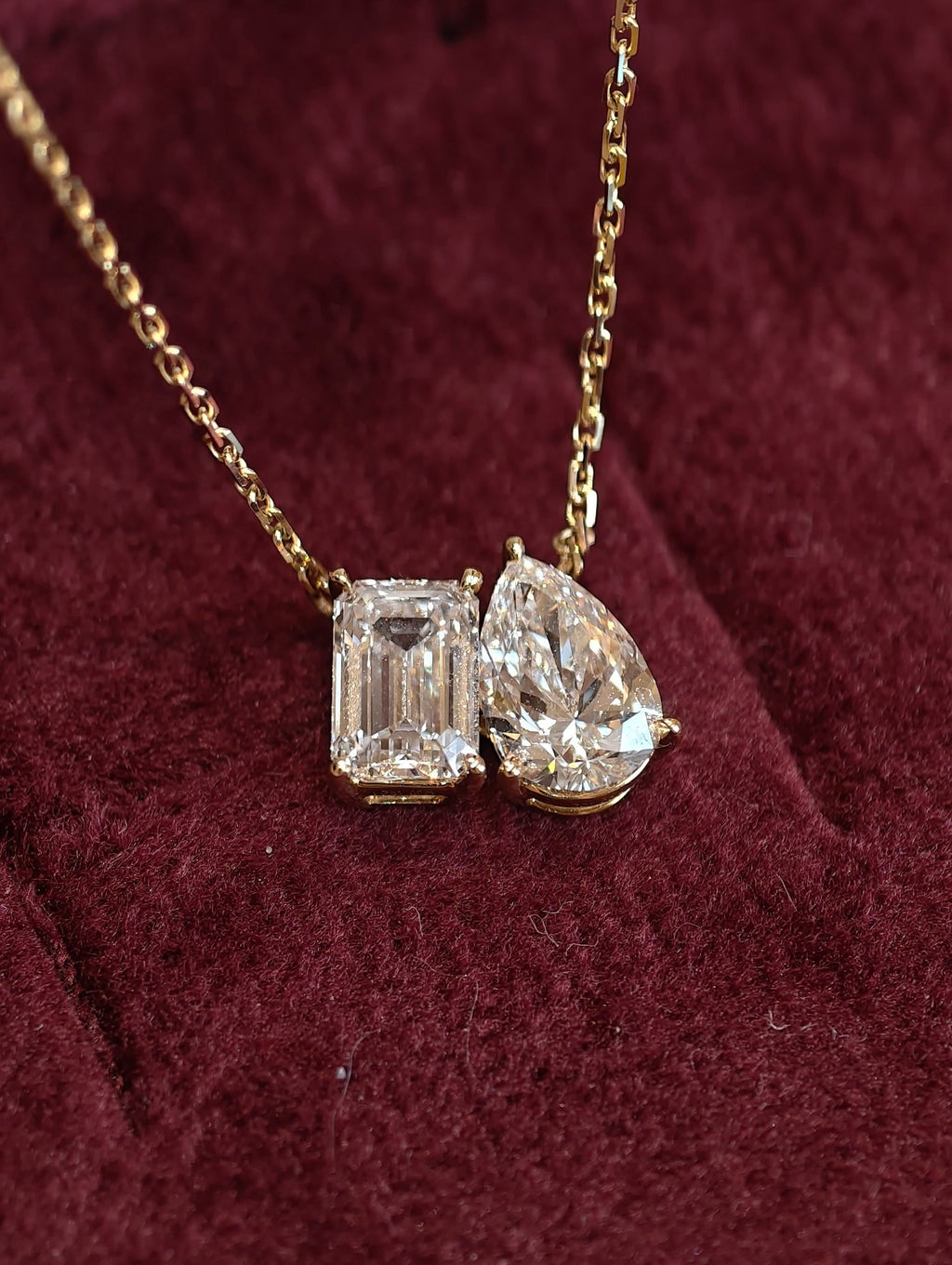 Pear Shape & Emerald Cut Lab Grown Diamond Necklace | Two Stone Toi et Moi Pendant | 18K Yellow Gold Fine Jewelry