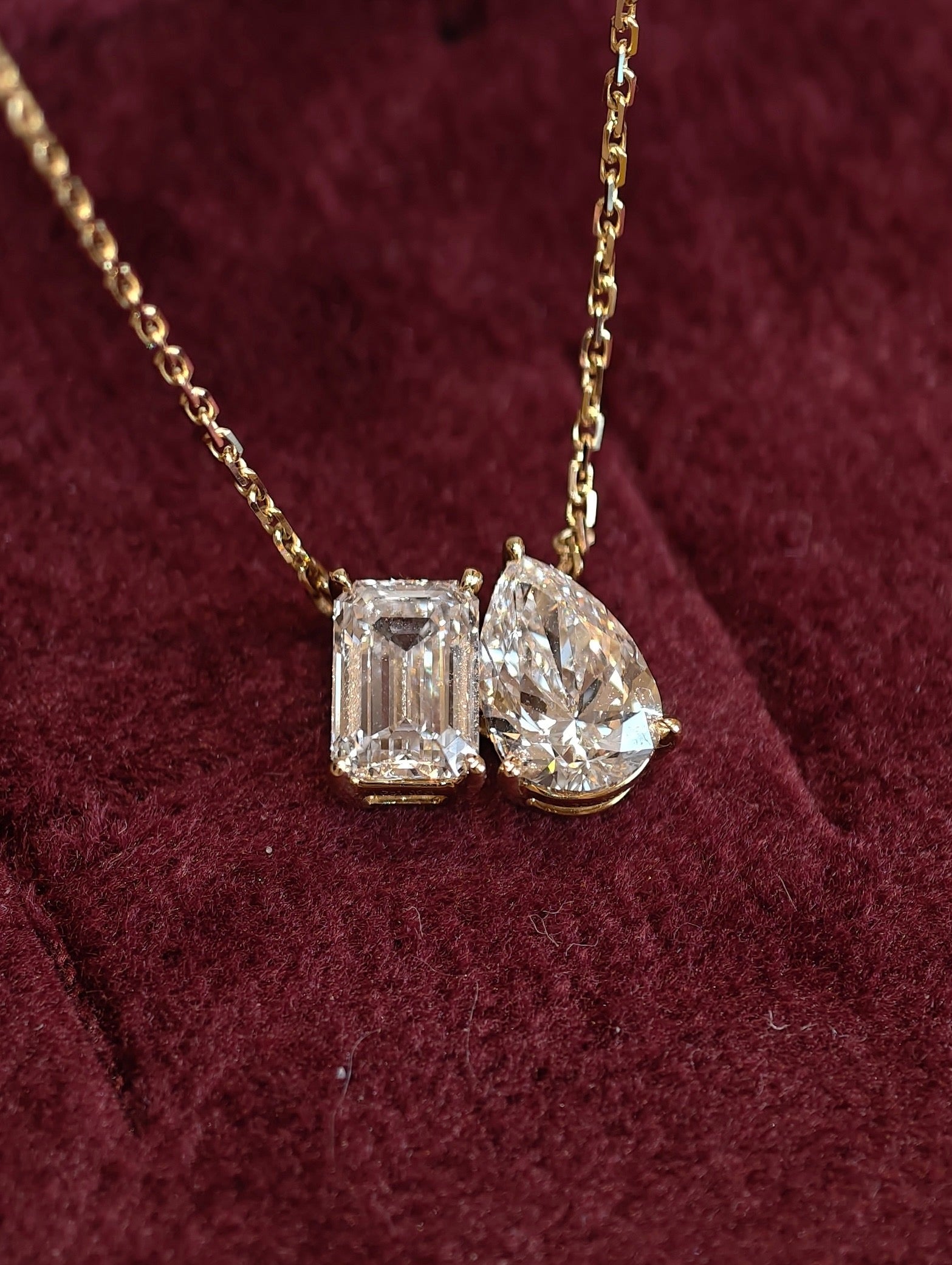 Pear Shape & Emerald Cut Lab Grown Diamond Necklace | Two Stone Toi et Moi Pendant | 18K Yellow Gold Fine Jewelry