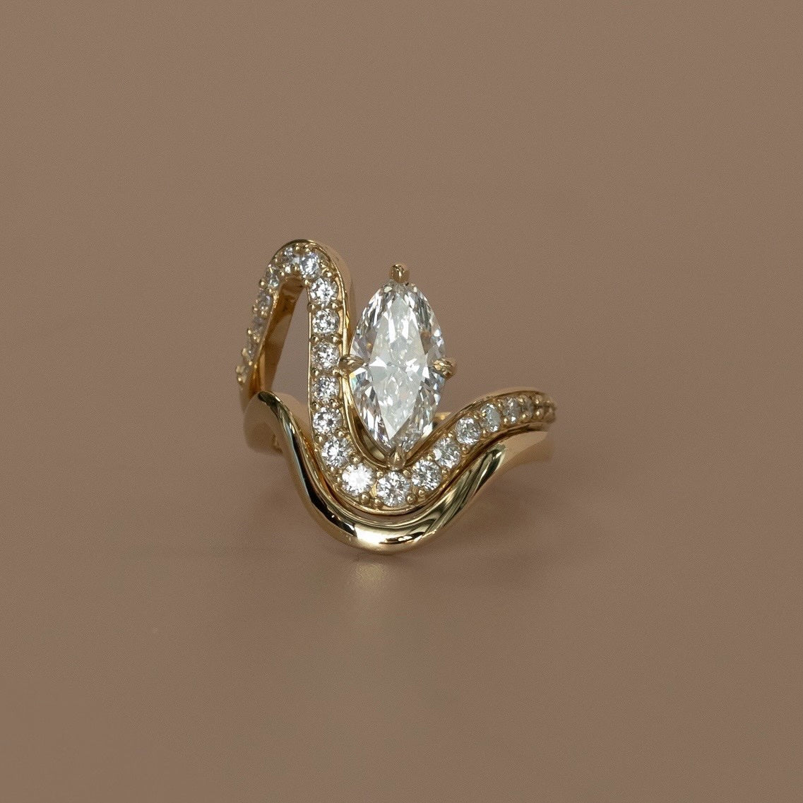 2.0ct Marquise Shape Lab Grown Diamond Ring | Sculptural Pavé Curved Band with Marquise Center Stone | 18K Yellow Gold