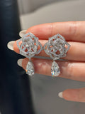 3 Carat Total Pear Shape Lab Grown Diamond Drop Earrings | Floral Geometric Pavé Setting | 18K White Gold