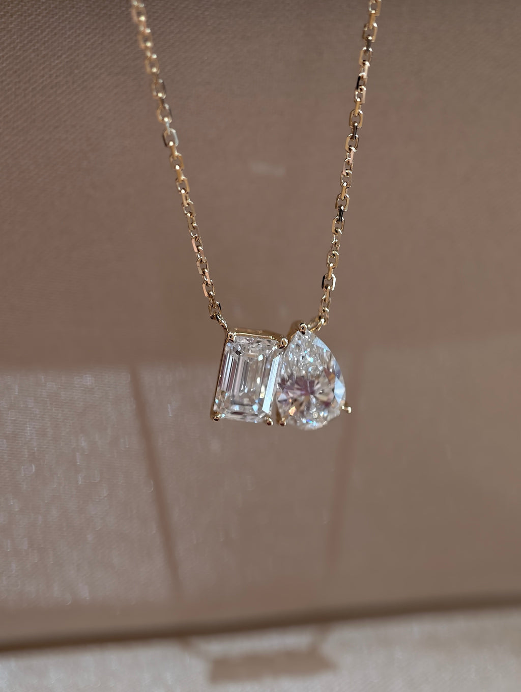Pear Shape & Emerald Cut Lab Grown Diamond Necklace | Two Stone Toi et Moi Pendant | 18K Yellow Gold Fine Jewelry