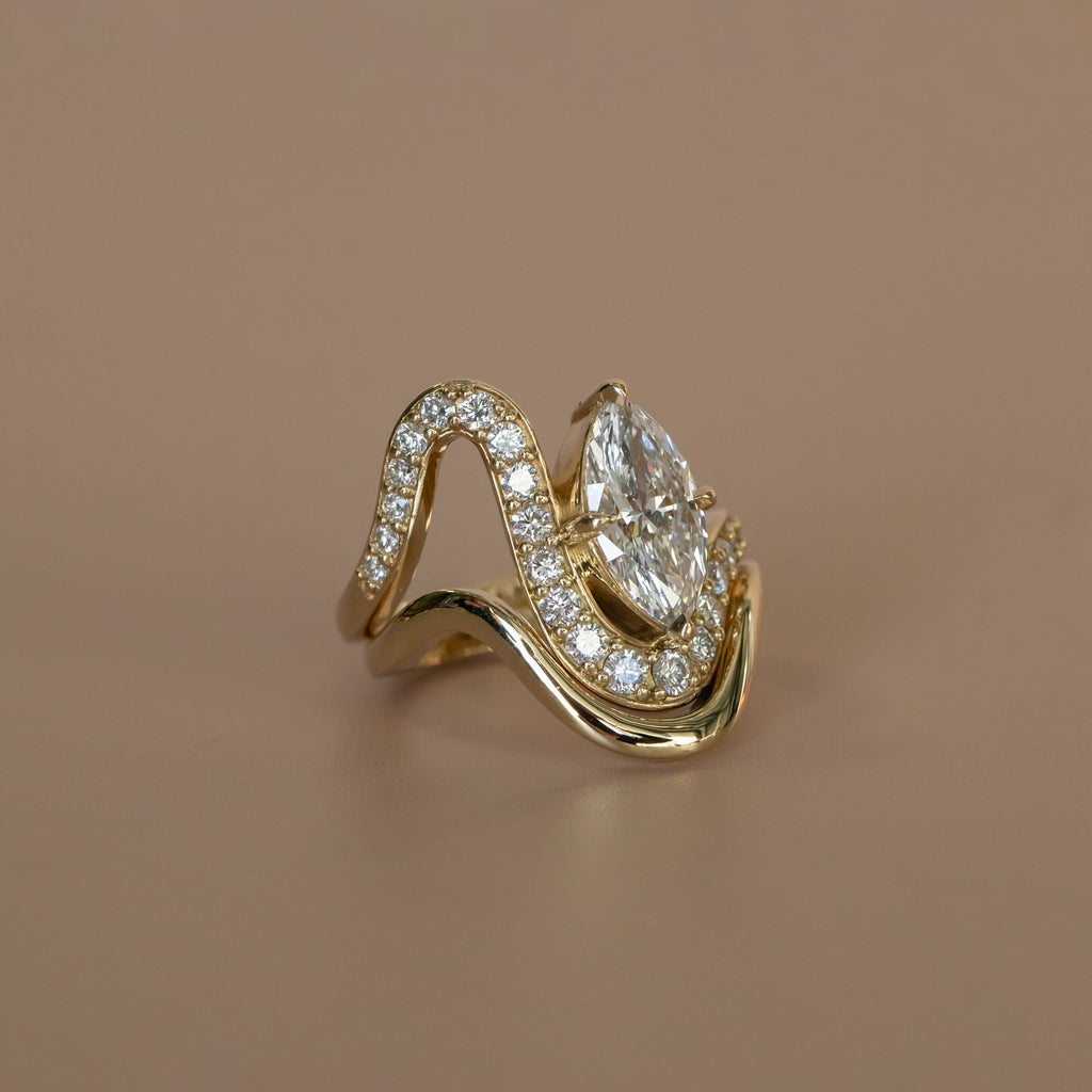 2.0ct Marquise Shape Lab Grown Diamond Ring | Sculptural Pavé Curved Band with Marquise Center Stone | 18K Yellow Gold