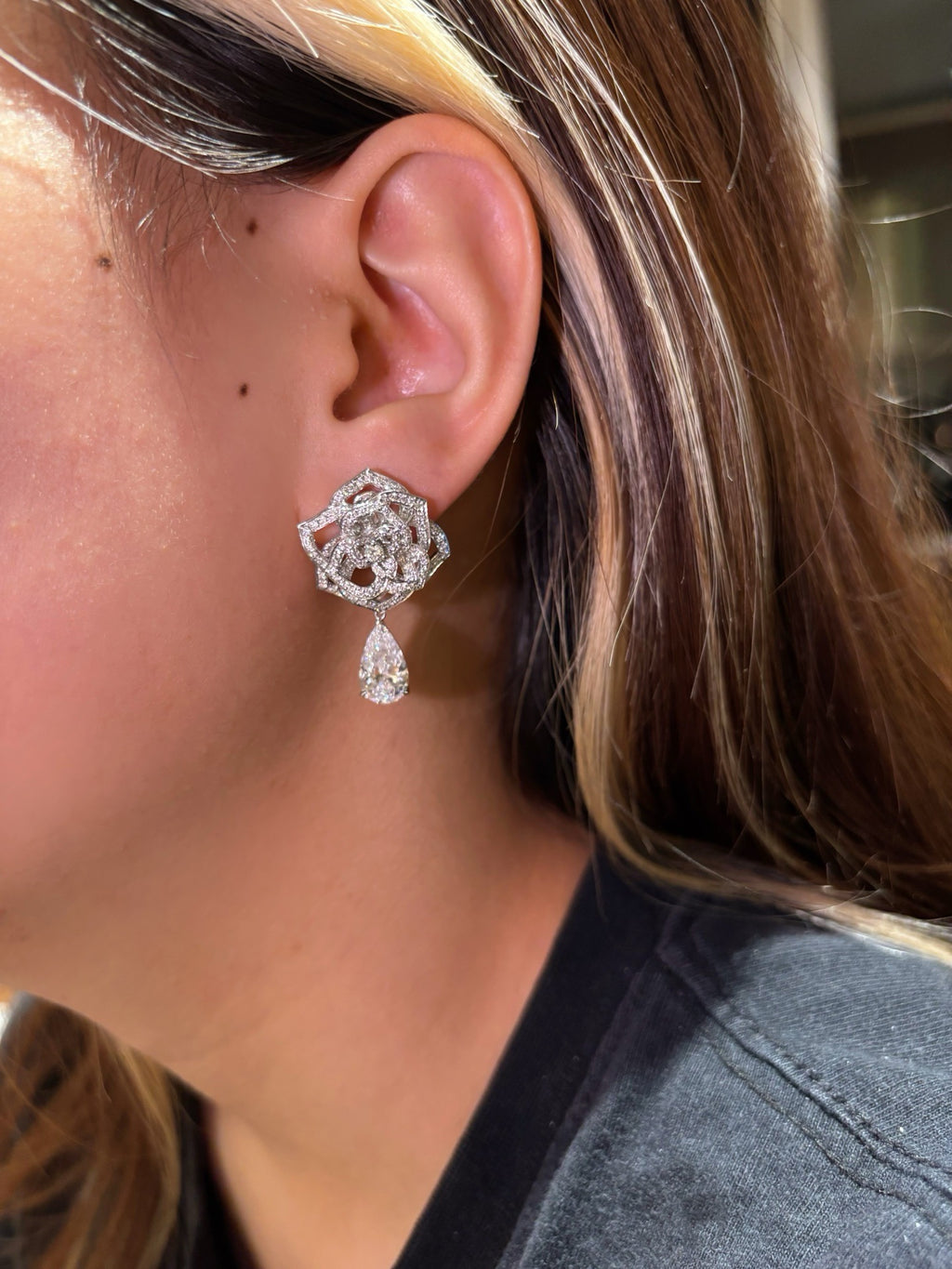 3 Carat Total Pear Shape Lab Grown Diamond Drop Earrings | Floral Geometric Pavé Setting | 18K White Gold
