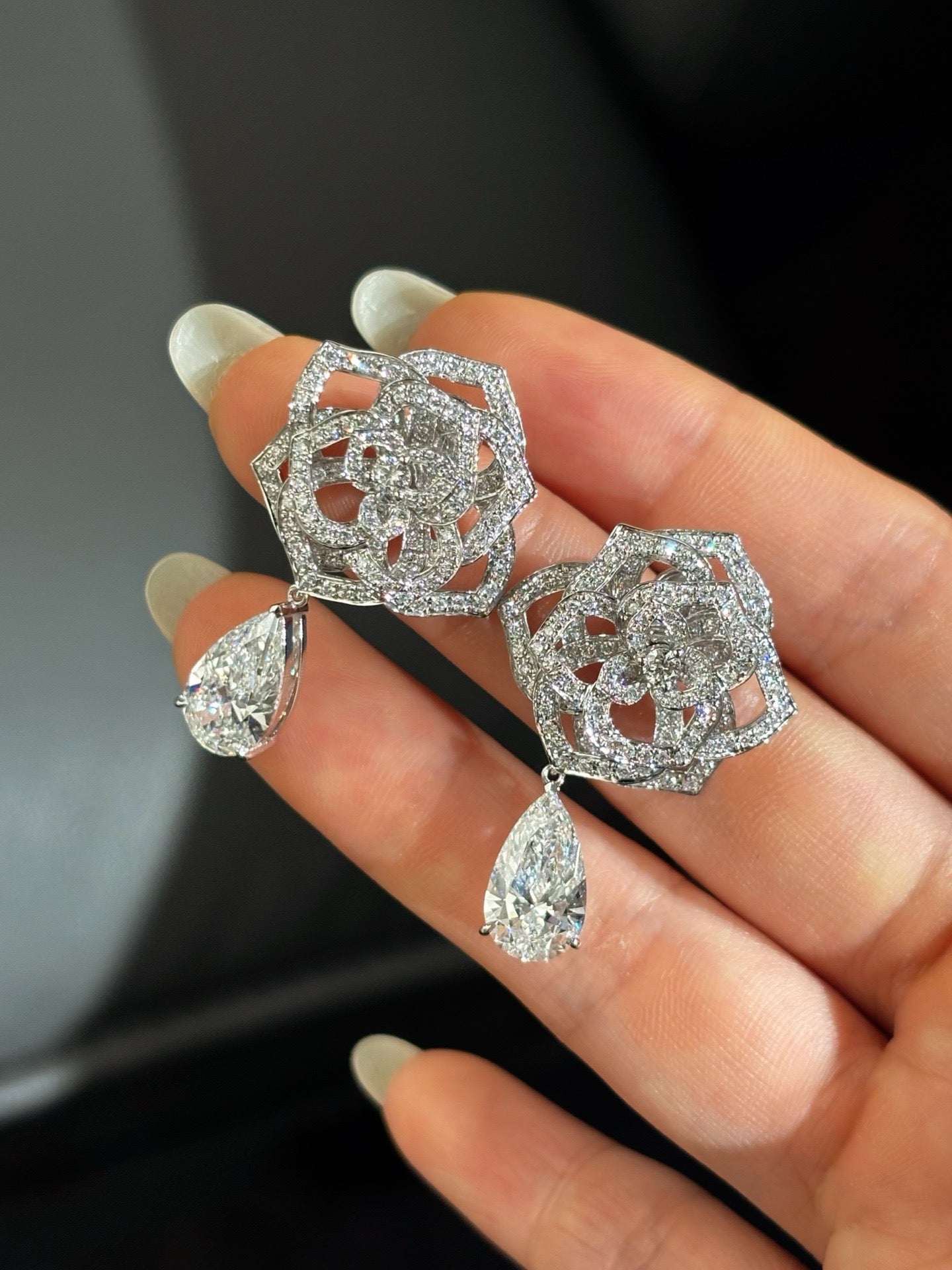 3 Carat Total Pear Shape Lab Grown Diamond Drop Earrings | Floral Geometric Pavé Setting | 18K White Gold