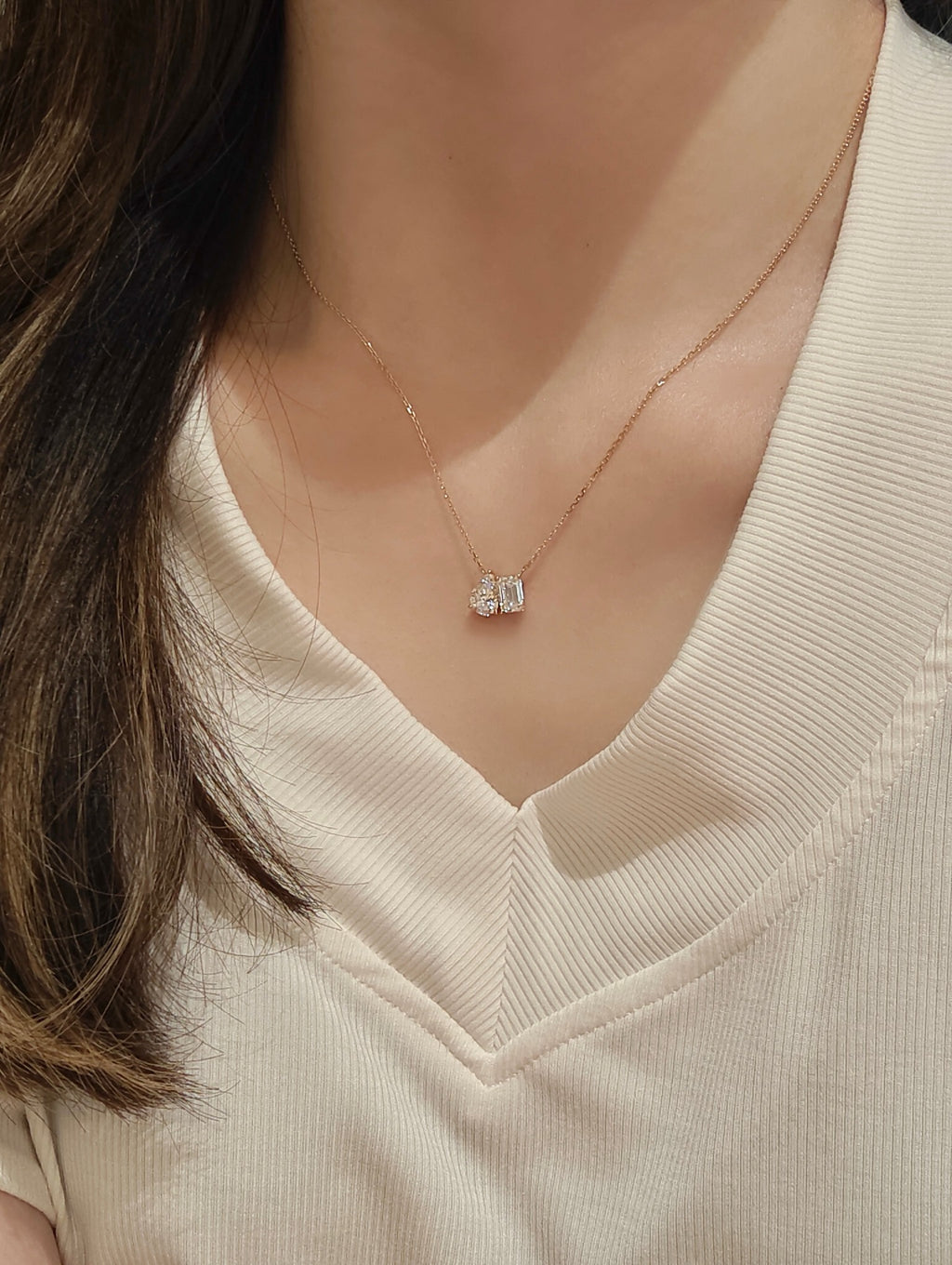 Pear Shape & Emerald Cut Lab Grown Diamond Necklace | Two Stone Toi et Moi Pendant | 18K Yellow Gold Fine Jewelry